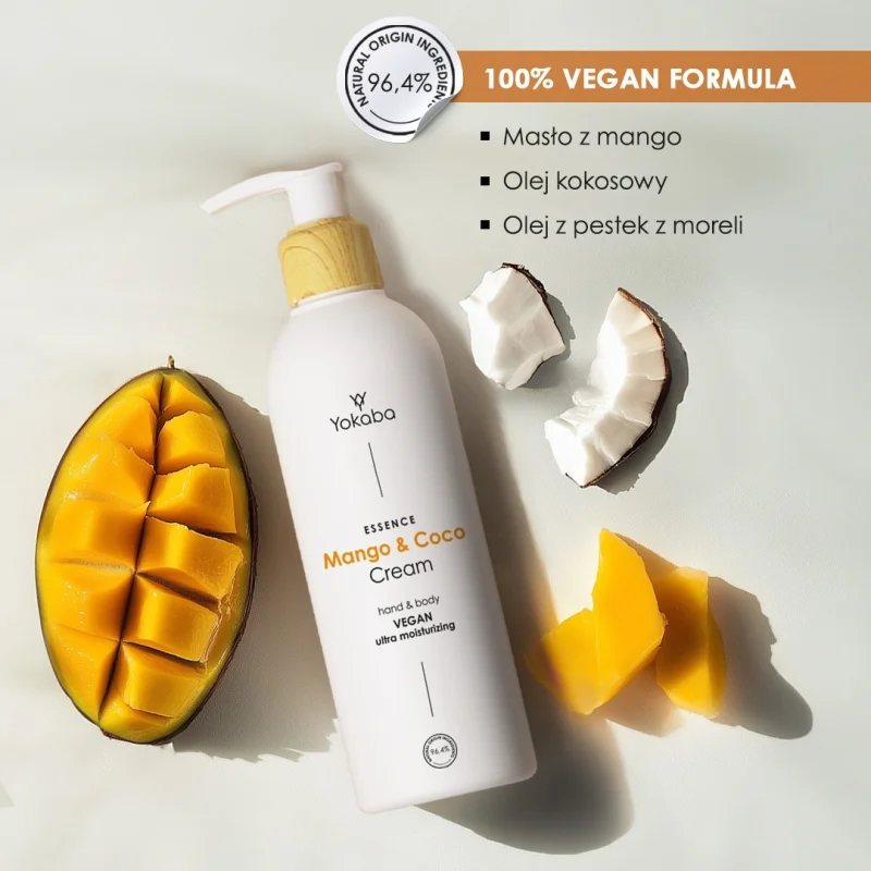 Infografika Yokaba Mango&Coco: 96,4% składników pochodzenia naturalnego, masło mango, olej kokosowy, olej z pestek moreli; na kadrze butelka 240 ml