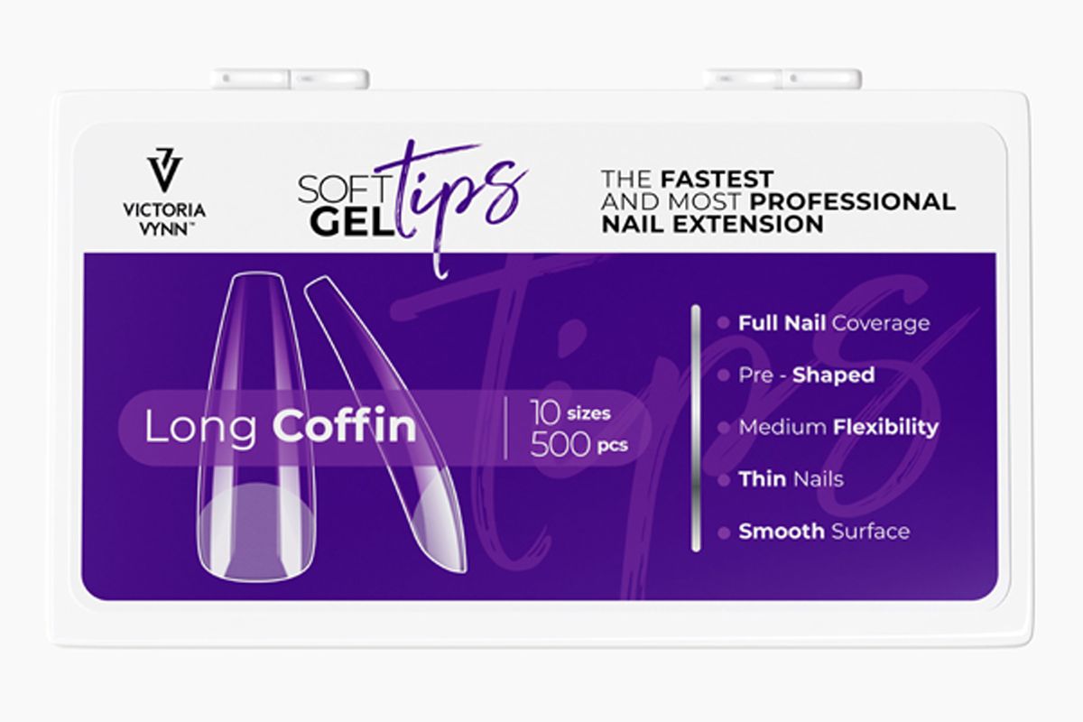 Soft Gel Tips Long Coffin Victoria Vynn, pudełko 500 tipsów widziane od frontu
