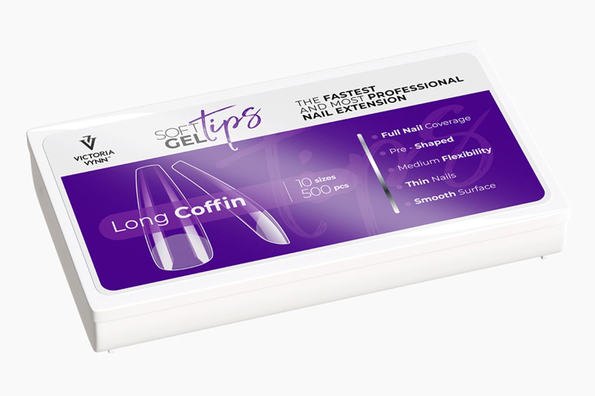Soft Gel Tips Long Coffin Victoria Vynn, zamknięte pudełko w ujęciu pod kątem