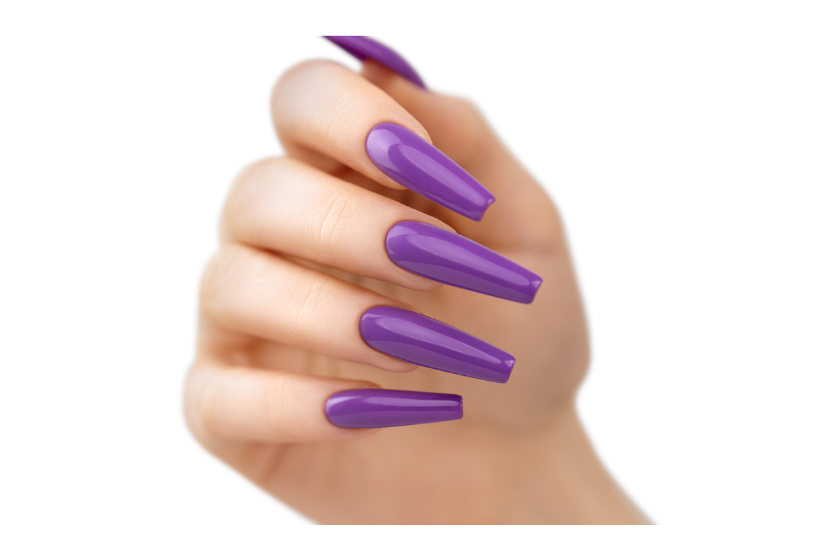 Soft Gel Tips Long Coffin Victoria Vynn, kształt Długa Balerina w fioletowym lakierze