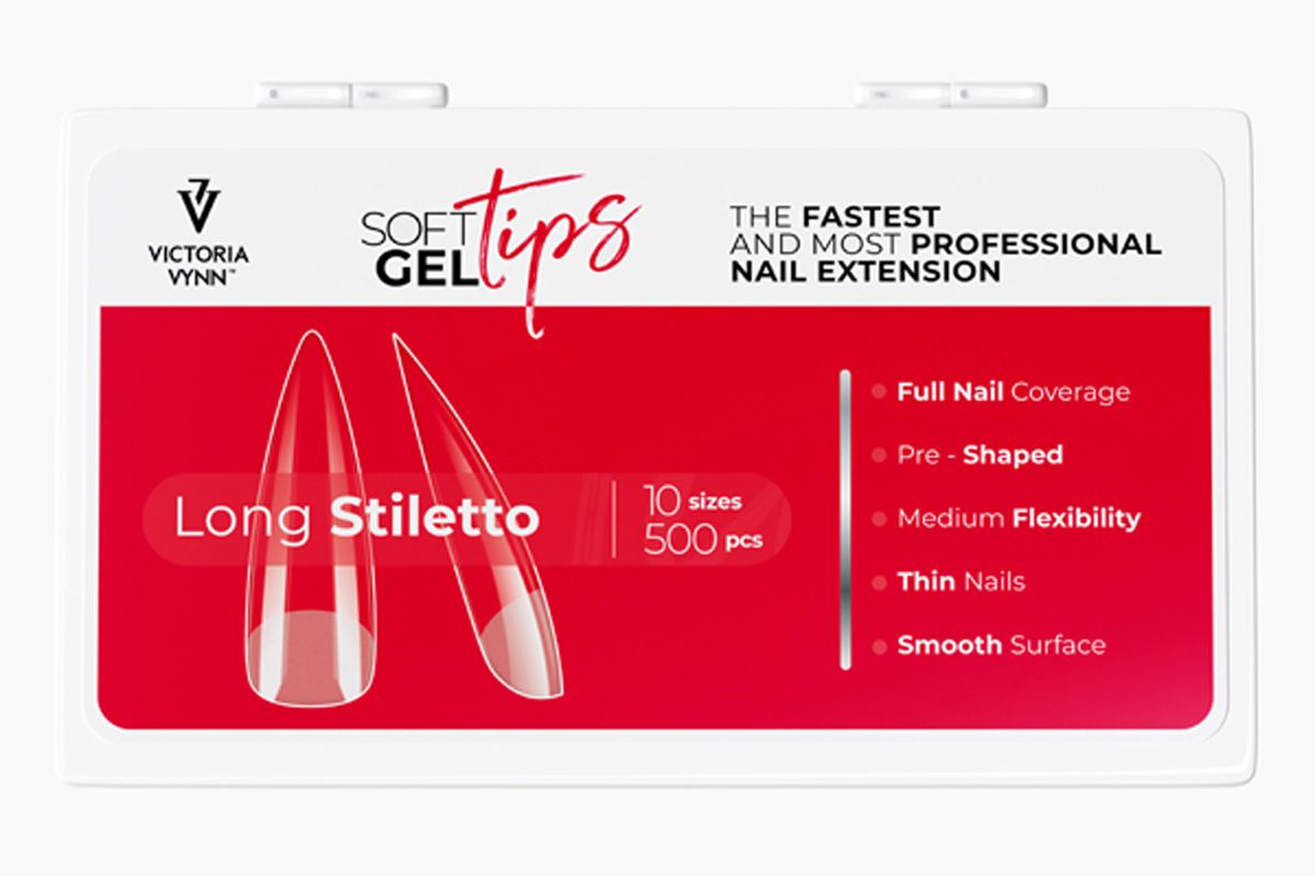 Soft Gel Tips Long Stiletto Victoria Vynn, pudełko 500 tipsów widziane od frontu