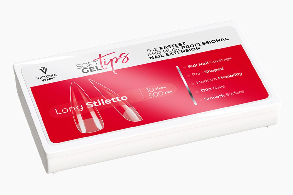 Soft Gel Tips Long Stiletto Victoria Vynn, zamknięte pudełko w ujęciu pod kątem