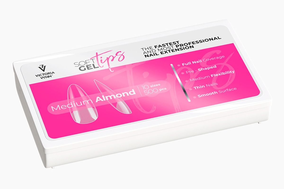 Soft Gel Tips Medium Almond Victoria Vynn, zamknięte pudełko w ujęciu pod kątem