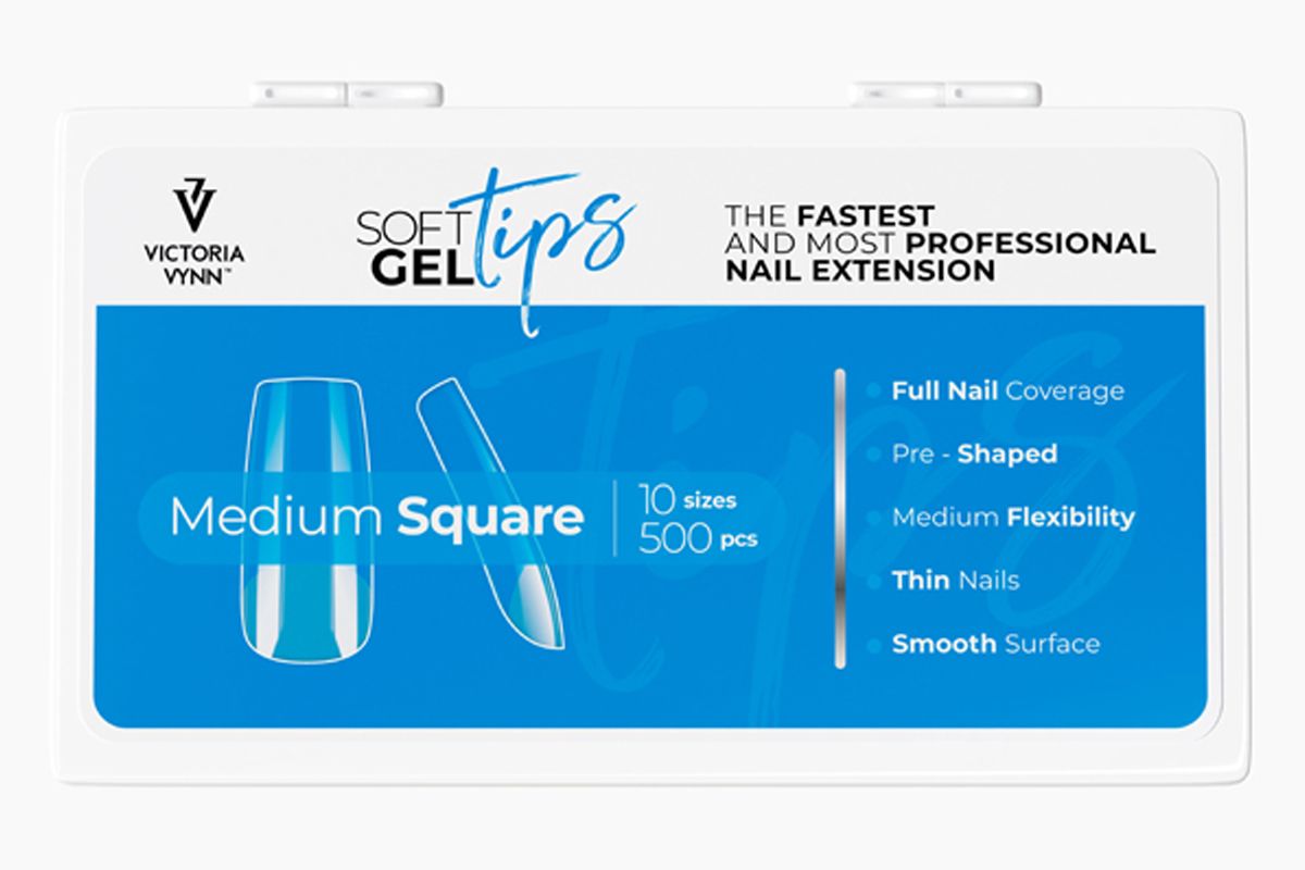 Soft Gel Tips Medium Square Victoria Vynn, pudełko 500 tipsów widziane od frontu
