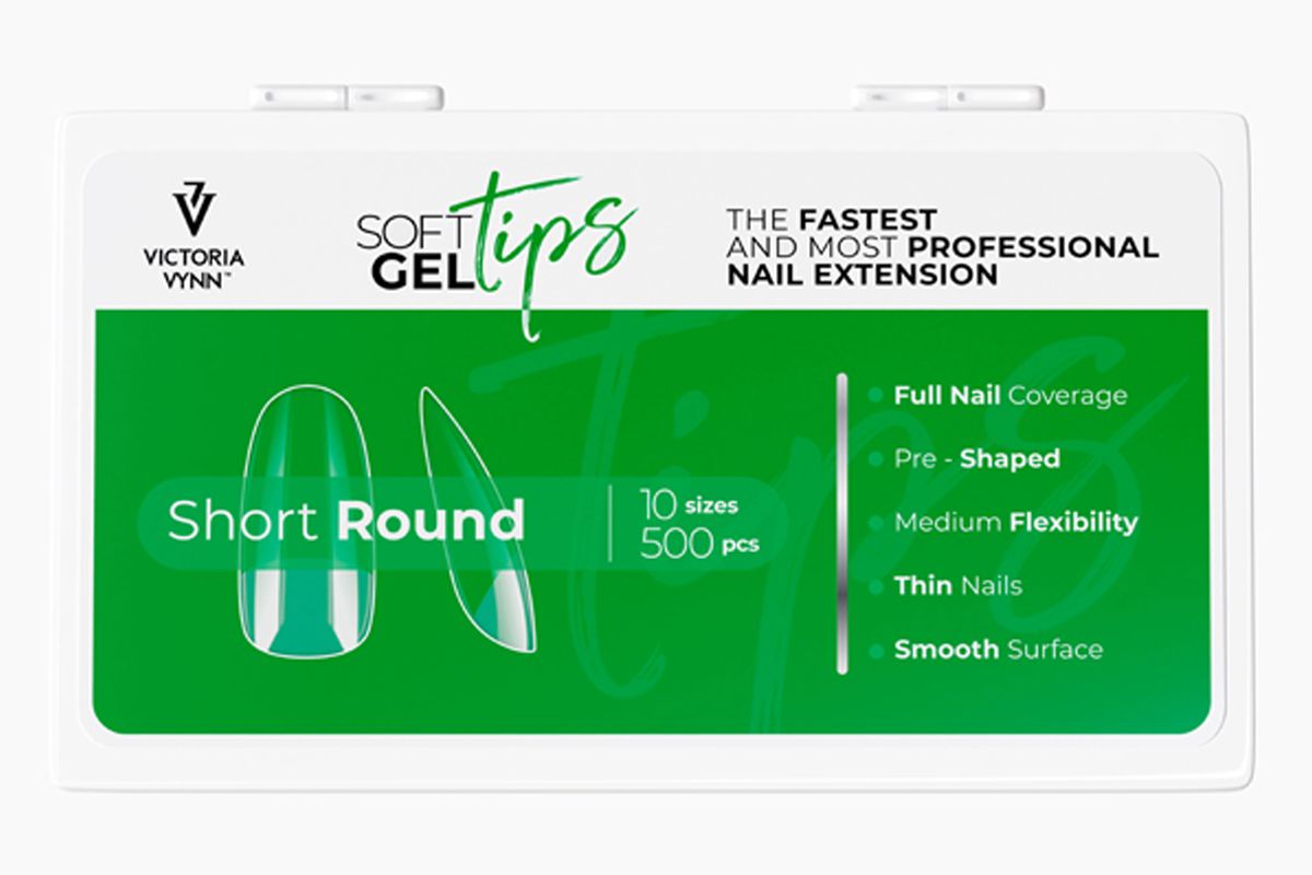 Soft Gel Tips Short Round Victoria Vynn, pudełko 500 tipsów widziane od frontu