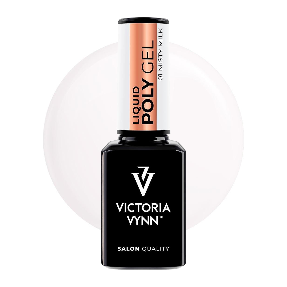 Victoria Vynn Liquid Poly Gel 01 Misty Milk 15 ml, butelka akrylożelu i koło w kolorze odcienia