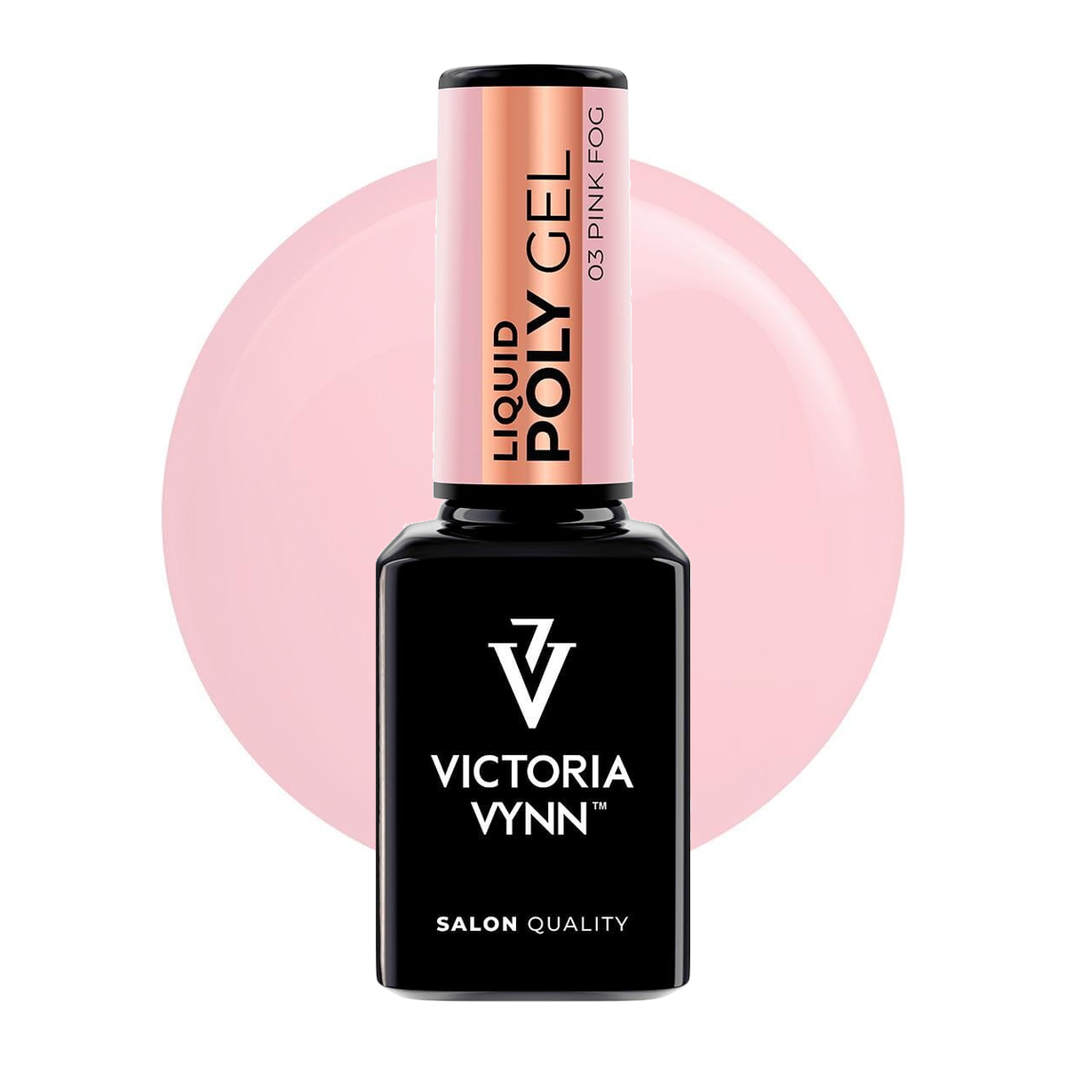 Victoria Vynn Liquid Poly Gel 03 Pink Fog 15 ml, butelka akrylożelu i koło w kolorze odcienia
