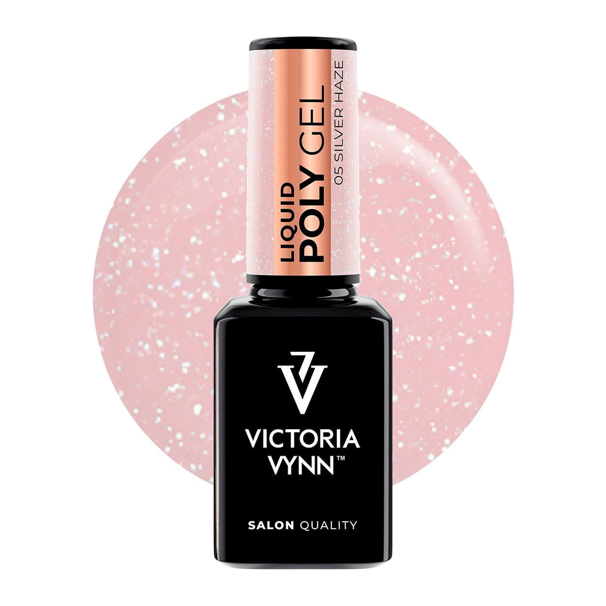 Victoria Vynn Liquid Poly Gel 05 Silver Haze 15 ml, butelka akrylożelu i koło w kolorze odcienia