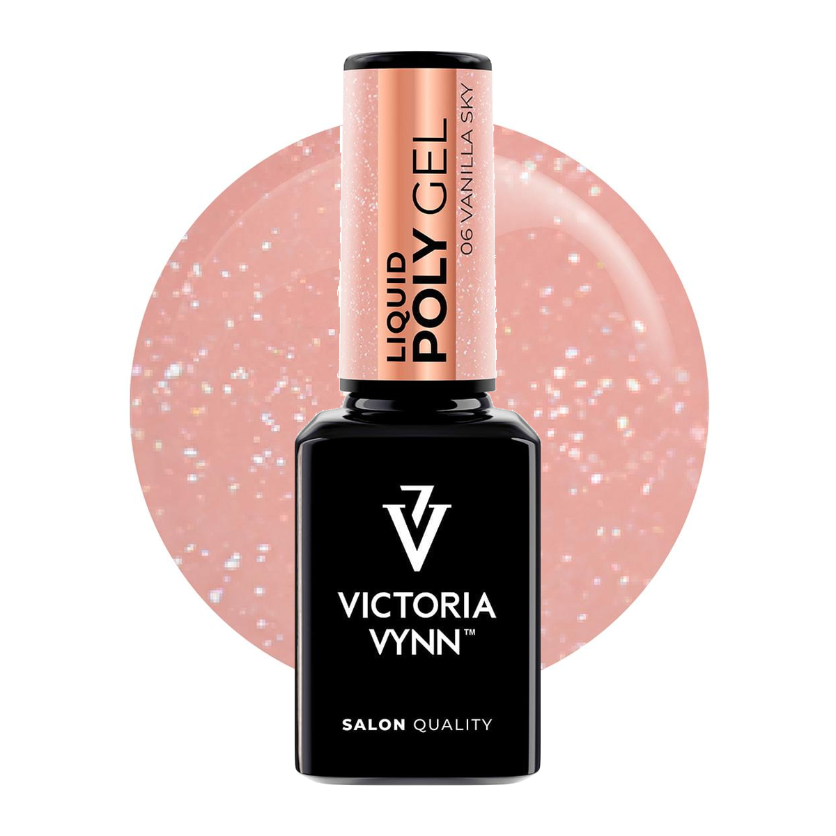 Victoria Vynn Liquid Poly Gel 06 Vanilla Sky 15 ml, butelka akrylożelu i koło w kolorze odcienia