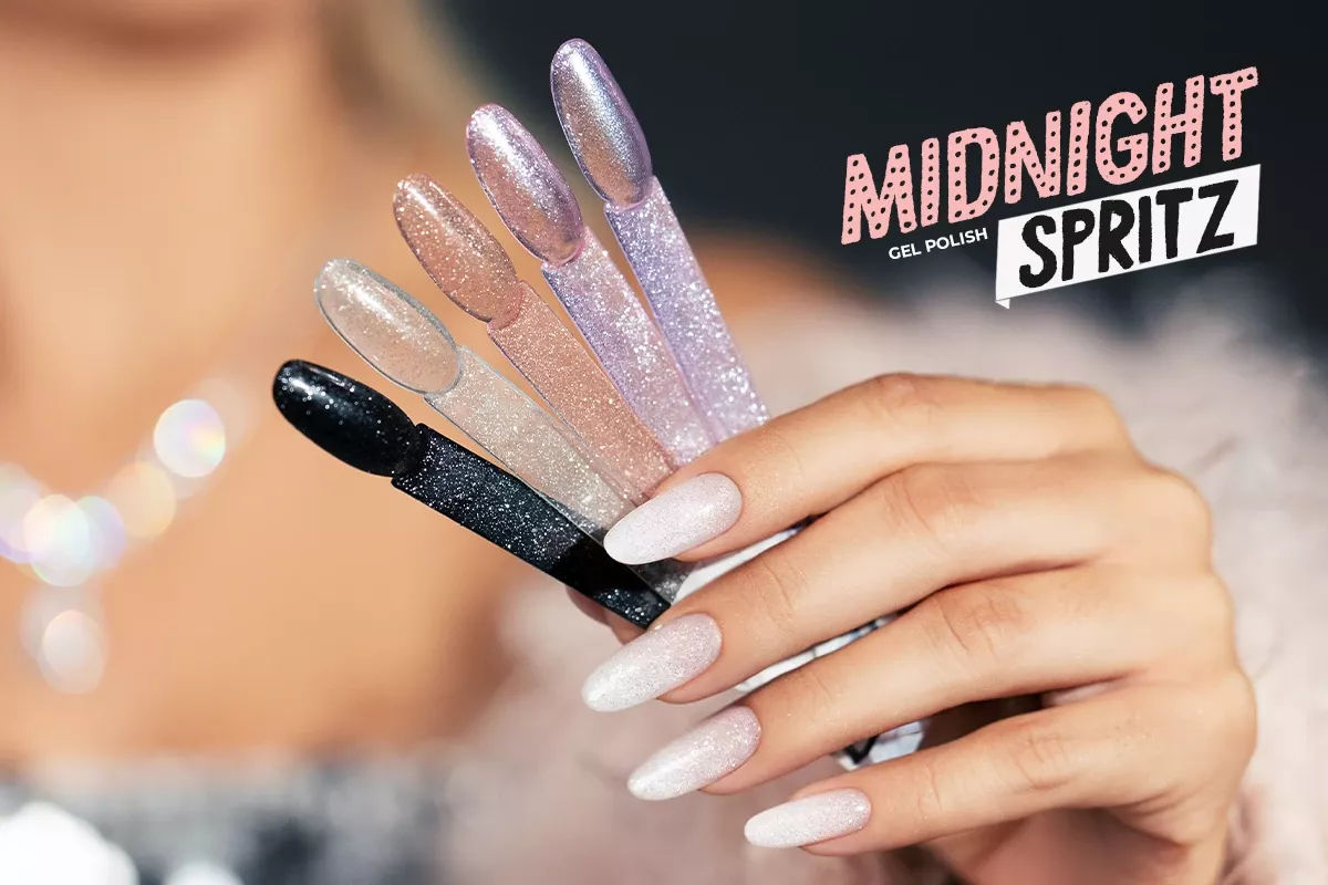 Wzornik kolekcji Victoria Vynn Midnight Spritz, pięć brokatowych odcieni na tipsach, wśród nich 475 Bellini Bianco