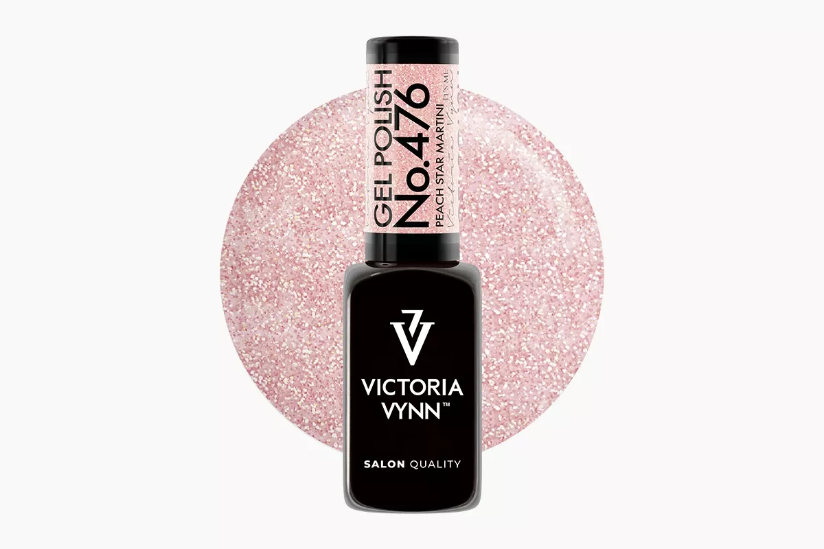 Victoria Vynn Gel Polish 476 Peach Star Martini 8 ml, butelka lakieru hybrydowego i próbka brzoskwiniowo-różowego brokatu