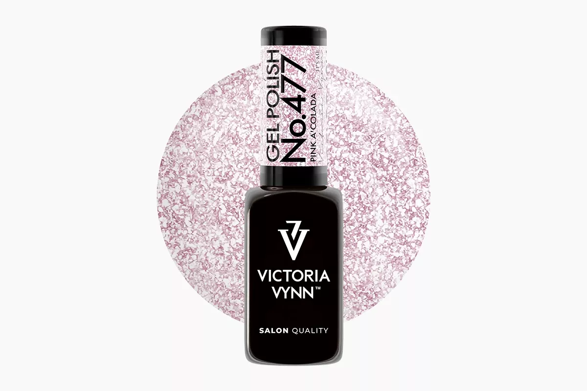 Victoria Vynn Gel Polish 477 Pink A'Colada 8 ml, butelka lakieru hybrydowego i próbka różowego koloru ze srebrnym brokatem