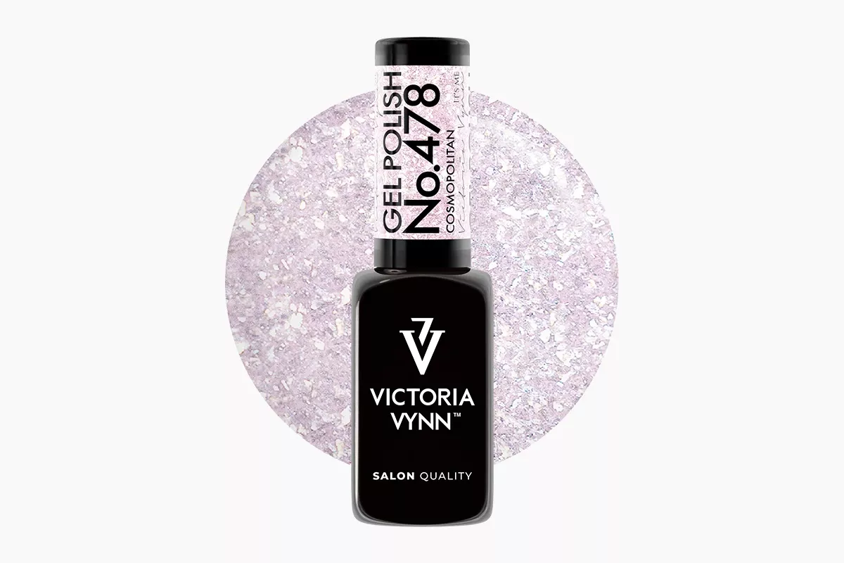 Victoria Vynn Gel Polish 478 Cosmopolitan 8 ml, butelka lakieru hybrydowego i próbka jasnoliliowego koloru z opalizującymi płatkami