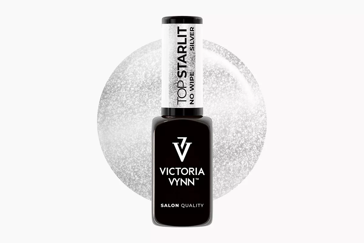 Victoria Vynn Top Starlit Silver No Wipe 8 ml, butelka topu hybrydowego i próbka srebrnego brokatu