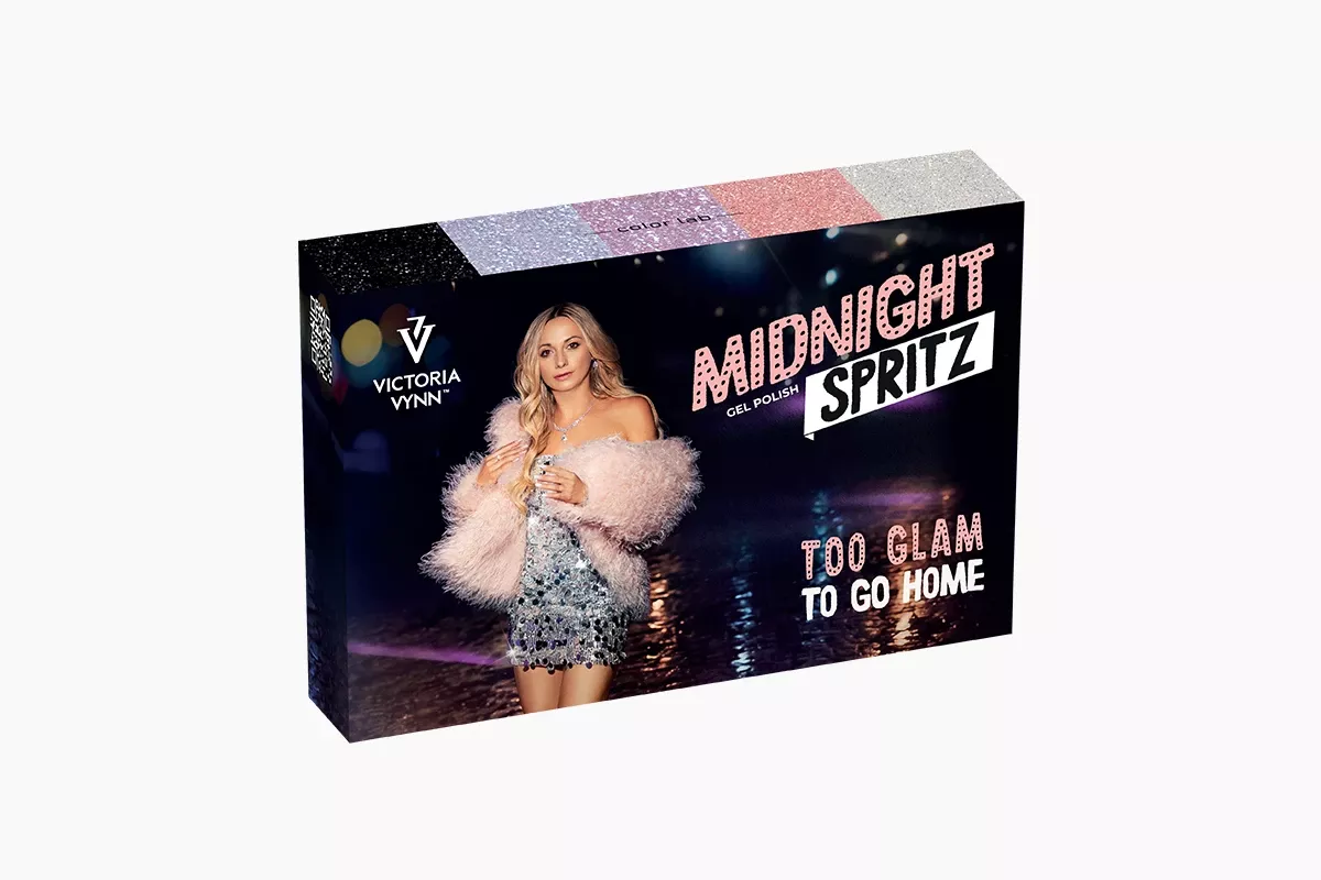 Zestaw Victoria Vynn 5PACK Midnight Spritz, pudełko z lakierami hybrydowymi 475-478 i topem Starlit Silver No Wipe