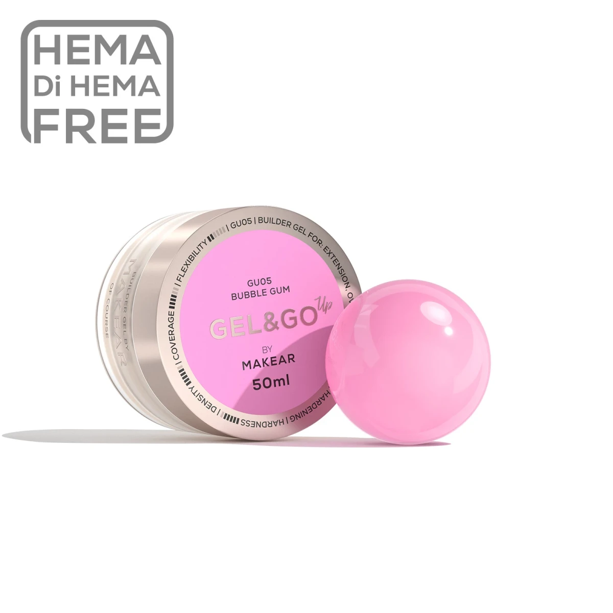 Makear Gel&Go Up Bubble Gum 50 ml, słoiczek żelu budującego i kropla różowego żelu obok
