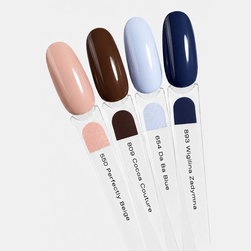 Zestaw Elarto Lacogel Blue Mocha - cztery tipsy z odcieniami 550 Perfectly Beige, 809 Cocoa Couture, 654 Da Ba Blue i 893 Wigilijna Zadyma