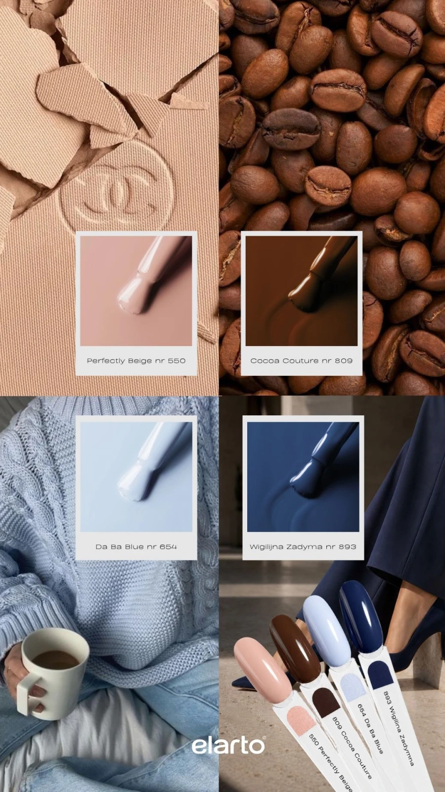 Zestaw Elarto Lacogel Blue Mocha - jesienny kolaż czterech odcieni z próbkami i inspiracjami kolorystycznymi
