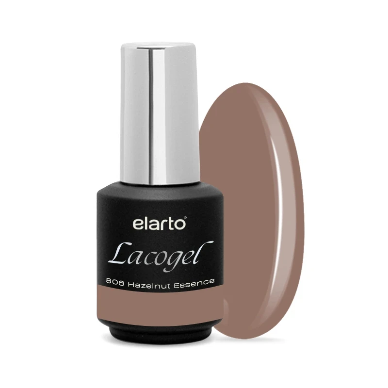 Elarto Lakier hybrydowy Lacogel Hazelnut Essence nr 806S 7ml - czarna butelka ze srebrna nakretka obok kropli lakieru w kolorze orzechowego brazu