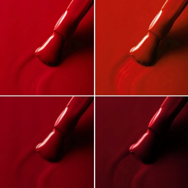 Elarto Lacogel Red Obsession, zestaw 4 lakierów hybrydowych 4 x 7 ml: zbliżenie na pędzelek wyciągany z rozlanego lakieru, cztery kadry obok siebie, każdy w innym odcieniu czerwieni, od chłodnej i ceglastej po głęboką winną