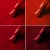 Elarto Lacogel Red Obsession, zestaw 4 lakierów hybrydowych 4 x 7 ml: zbliżenie na pędzelek wyciągany z rozlanego lakieru, cztery kadry obok siebie, każdy w innym odcieniu czerwieni, od chłodnej i ceglastej po głęboką winną