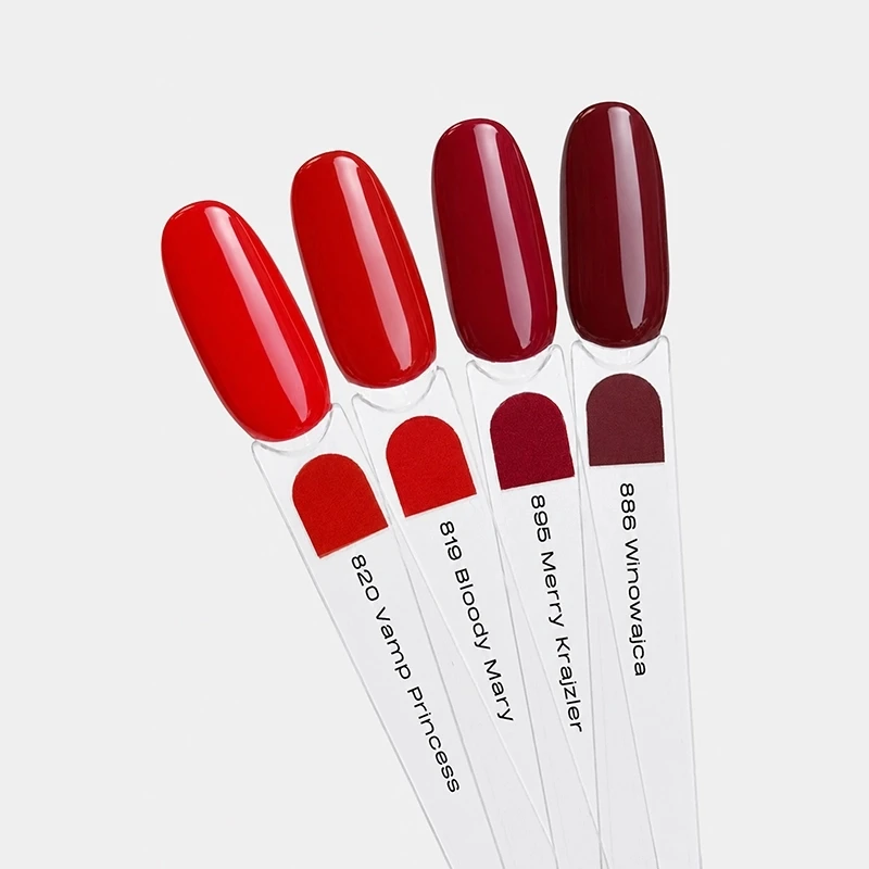Elarto Lacogel Red Obsession, zestaw 4 lakierów hybrydowych 4 x 7 ml: cztery paletki obok siebie, 820 Vamp Princess i 819 Bloody Mary w jasnej czerwieni, 895 Merry Krajzler w głębokiej ciepłej czerwieni, 886 Winowajca w ciemnej winnej