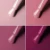 Elarto Lacogel Rosy Autumn, zestaw 4 lakierów hybrydowych 4 x 7 ml: kolaż czterech zbliżeń pędzelka z kroplą lakieru na tle w kolorze odcienia, trzy róże od pudrowego po przygaszony z nutą fioletu i głęboka jagodowa czerwień.
