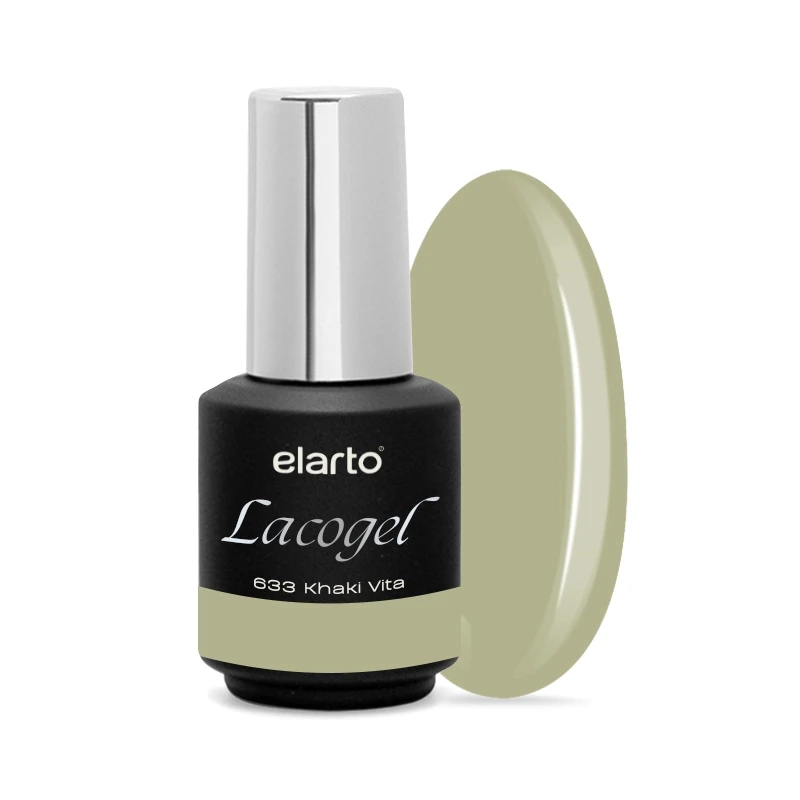 Elarto Lakier hybrydowy Lacogel Khaki Vita nr 633 7ml - czarna butelka ze srebrną nakrętką i etykietą 633 Khaki Vita obok owalnej próbki przygaszonej, oliwkowej zieleni przełamanej brązem