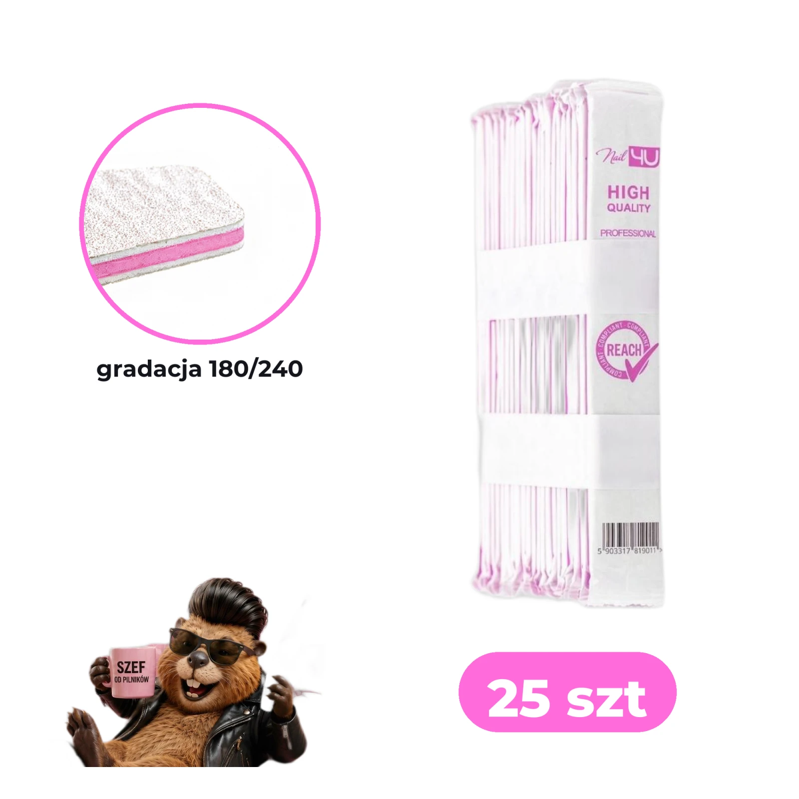 Zestaw 25 szt pilników Nail4U łódka 180/240 BASIC edycja z bobrem — paczka zbiorcza, makro gradacji 180/240