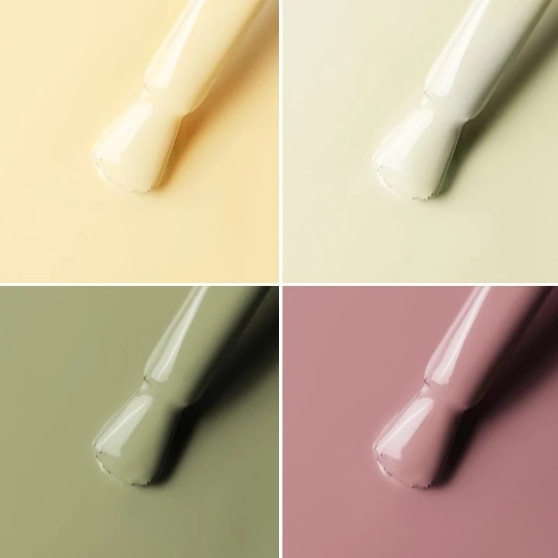 Elarto Lacogel Matcha Season, zestaw 4 lakierów hybrydowych 4 x 7 ml: zbliżenie pędzelka z kroplą lakieru w czterech kadrach, żółty, jasna zieleń matchy, oliwkowa zieleń i pudrowy róż, każdy na tle w swoim odcieniu.