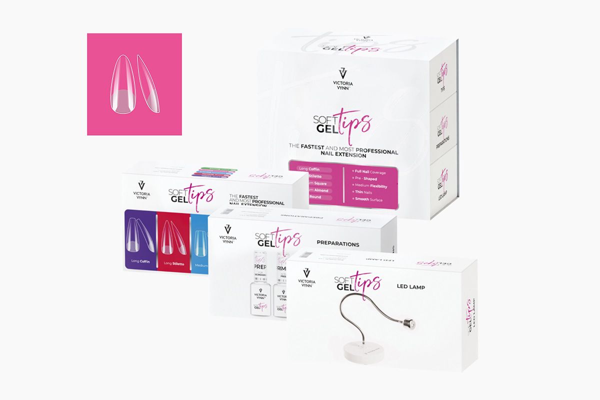 Zestaw Victoria Vynn Soft Gel Tips: box główny, tipsy, preparaty i lampa LED obok siebie