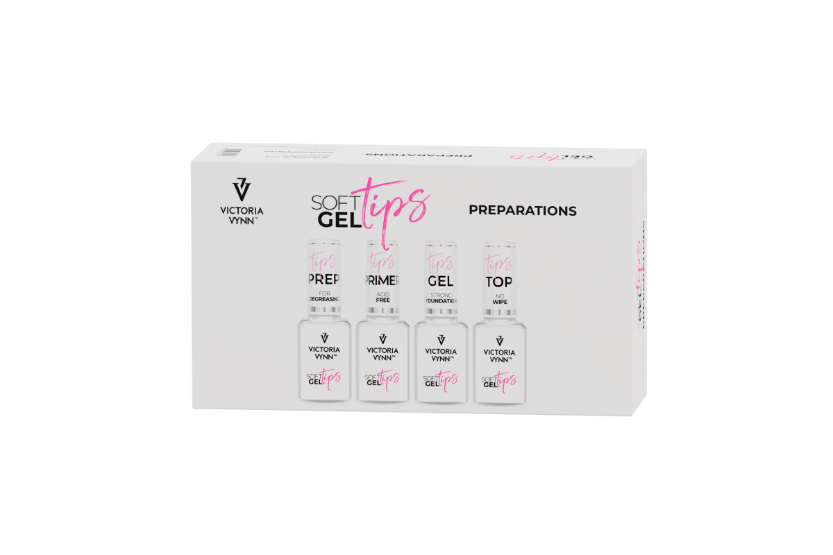 Pudełko Soft Gel Tips Preparations z płynami Prep, Primer, Gel i Top