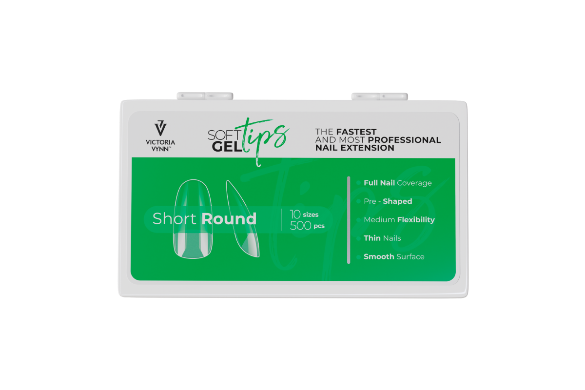 Tipsy Soft Gel Tips Short Round Victoria Vynn, 10 rozmiarów, 500 sztuk w zielonym pudełku