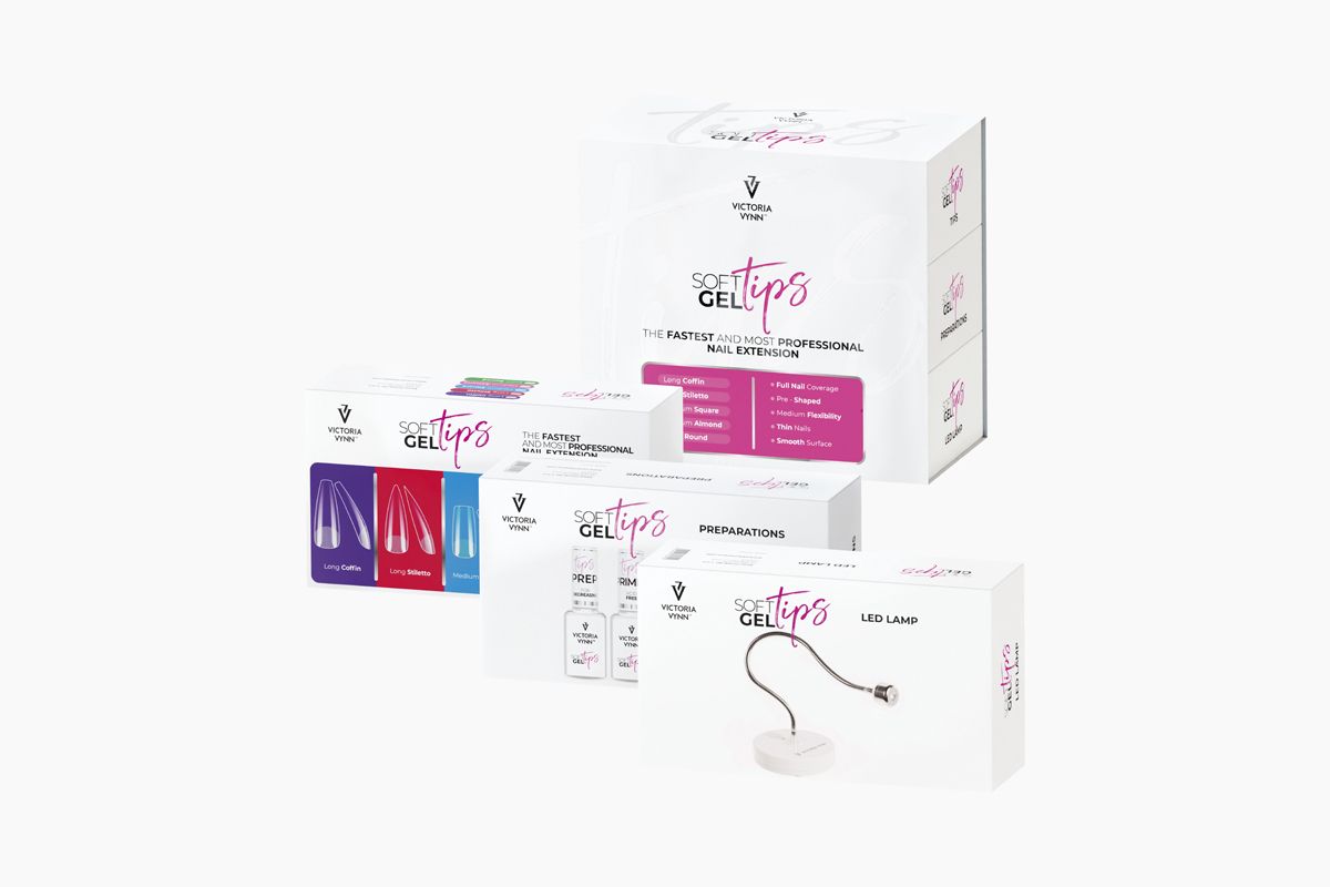 Zestaw Victoria Vynn Soft Gel Tips Short Round, wszystkie elementy zestawu w jednym ujęciu