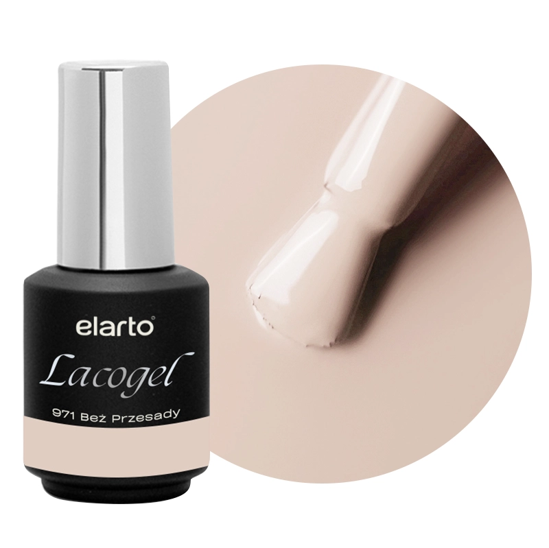 Elarto Lakier hybrydowy Lacogel Beż Przesady nr 971 7ml - czarna butelka ze srebrną nakrętką i etykietą 971 Beż Przesady obok okrągłego kadru z pędzelkiem w kolorze delikatnego, jasnego beżu z mleczno-kremową nutą