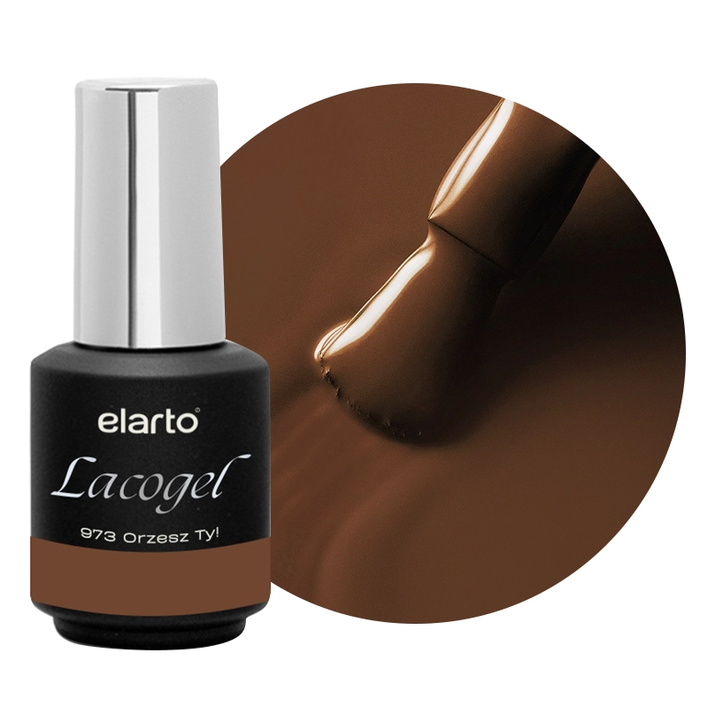 Elarto Lakier hybrydowy Lacogel Orzesz Ty! nr 973 7ml - czarna butelka ze srebrną nakrętką i etykietą 973 Orzesz Ty! obok okrągłego kadru z pędzelkiem w kolorze ciepłego, karmelowo-czekoladowego brązu