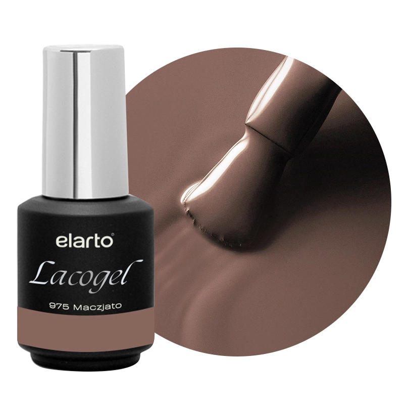 Elarto Lakier hybrydowy Lacogel Maczjato nr 975 7ml - czarna butelka ze srebrną nakrętką i etykietą 975 Maczjato obok okrągłego kadru z pędzelkiem w kolorze kawowego brązu z kremowym beżem i przygaszoną nutą taupe