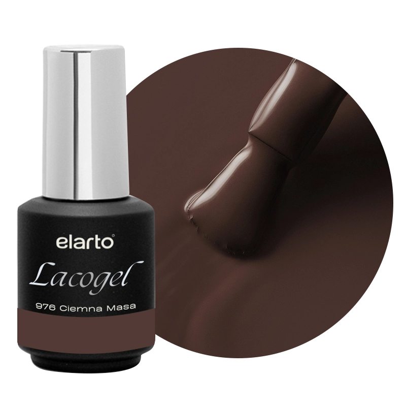 Elarto Lakier hybrydowy Lacogel Ciemna Masa nr 976 7ml - czarna butelka ze srebrną nakrętką i etykietą 976 Ciemna Masa obok okrągłego kadru z pędzelkiem w kolorze głębokiego, ciemnego brązu ze śliwkowo-fioletowym podtonem