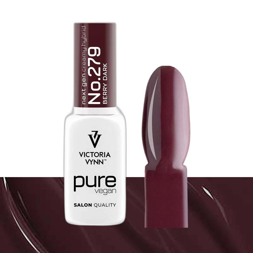 Victoria Vynn Pure Vegan Creamy Hybrid nr 279 Berry Dark 8 ml, butelka obok paznokietnika z burgundowym lakierem