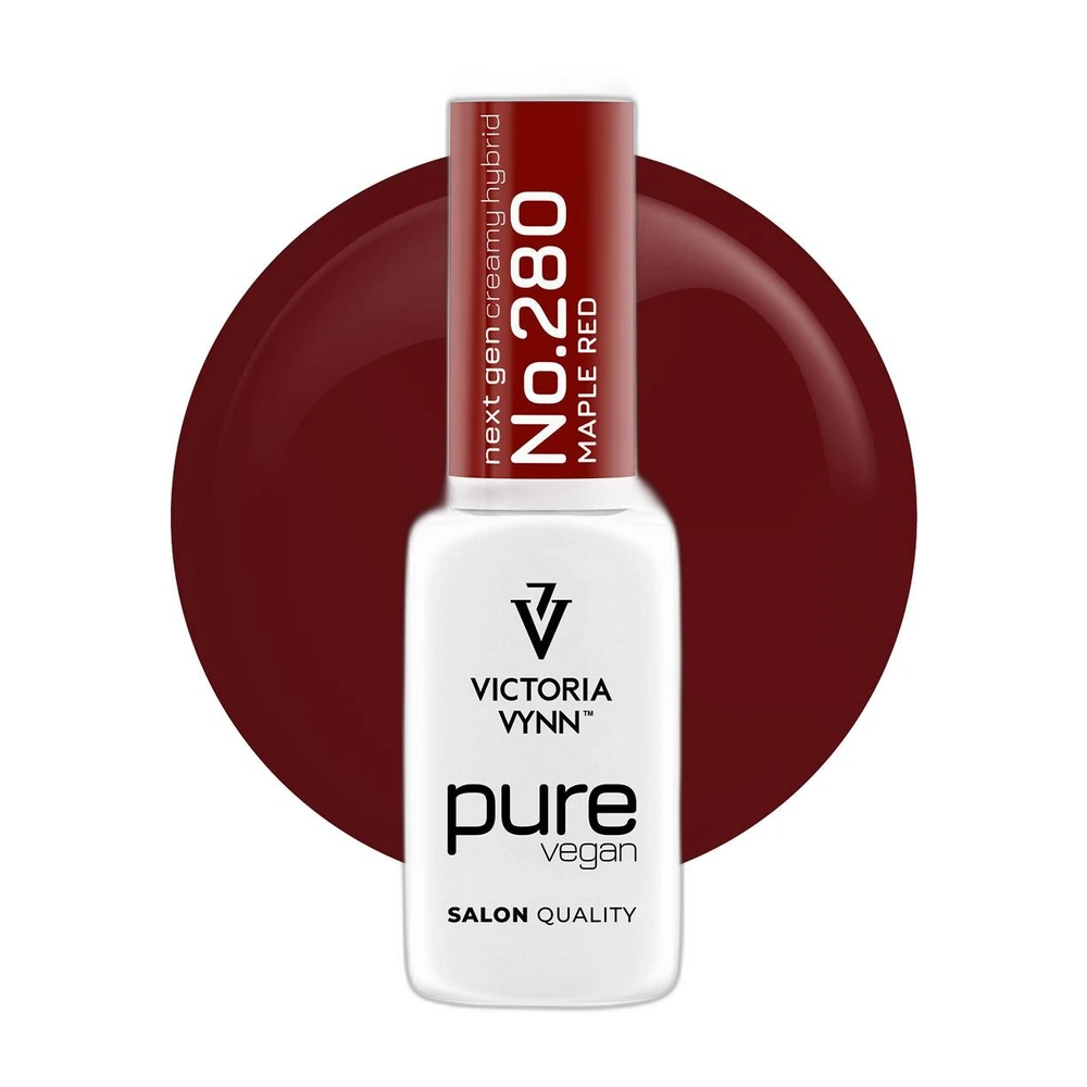 Lakier hybrydowy Victoria Vynn Pure Vegan Creamy Hybrid nr 280 Maple Red 8 ml, butelka na tle czerwonej kropli koloru