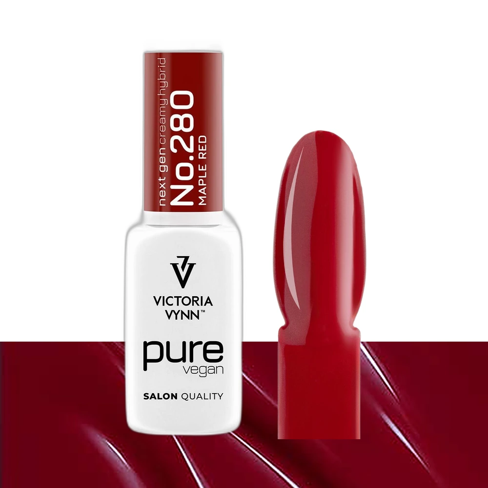 Victoria Vynn Pure Vegan Creamy Hybrid nr 280 Maple Red 8 ml, butelka obok paznokietnika z czerwonym lakierem