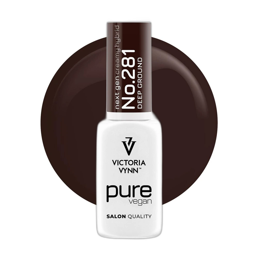 Lakier hybrydowy Victoria Vynn Pure Vegan Creamy Hybrid nr 281 Deep Ground 8 ml, butelka na tle brązowej kropli koloru