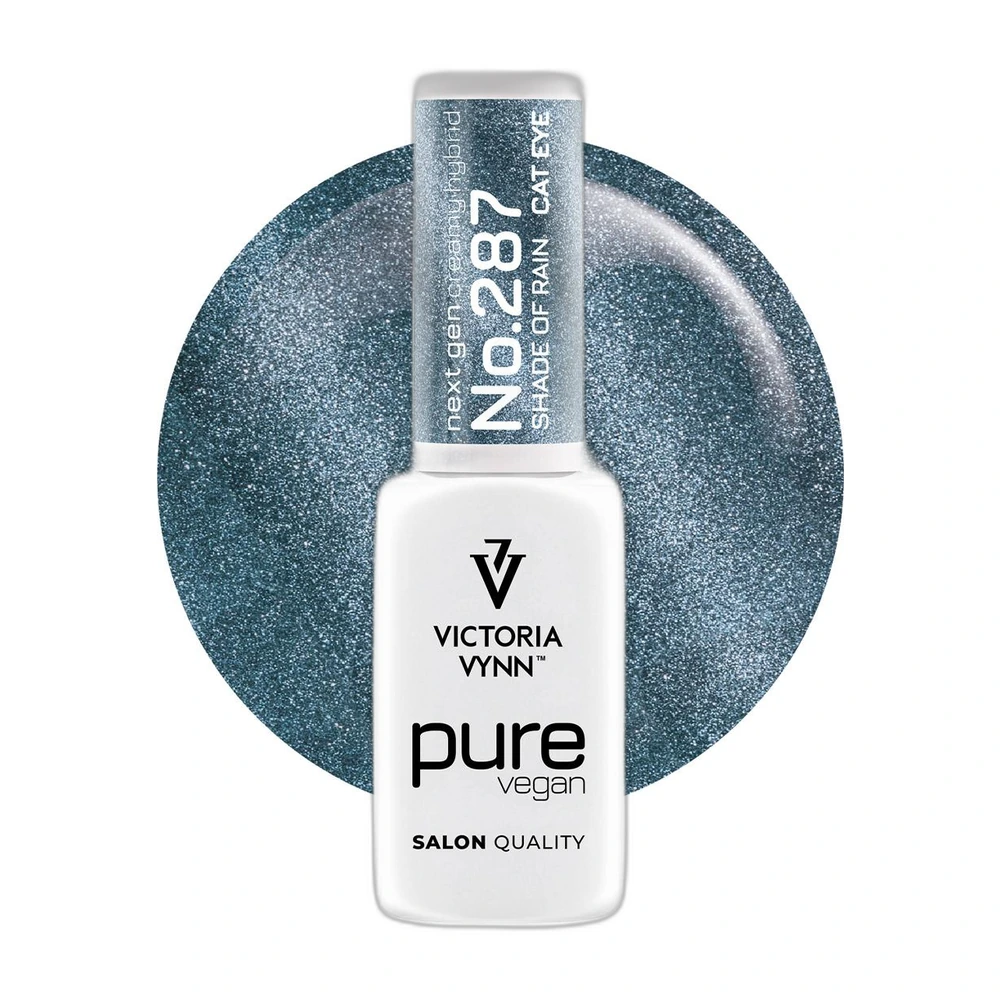 Lakier hybrydowy Victoria Vynn Pure Vegan Creamy Hybrid nr 287 Shade of Rain 8 ml, butelka na tle niebieskoszarej kropli koloru z efektem cat eye