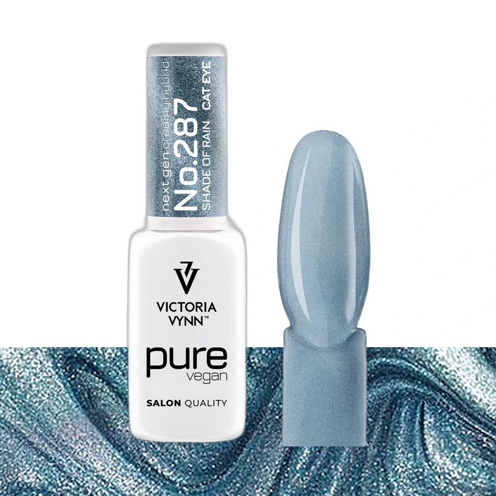 Victoria Vynn Pure Vegan Creamy Hybrid nr 287 Shade of Rain 8 ml, butelka obok paznokietnika z niebieskoszarym lakierem cat eye