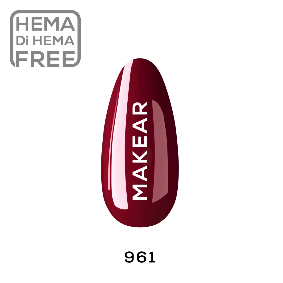 Makear lakier hybrydowy 961 - swatch malinowego wina na tipsie, HEMA free, 8 ml