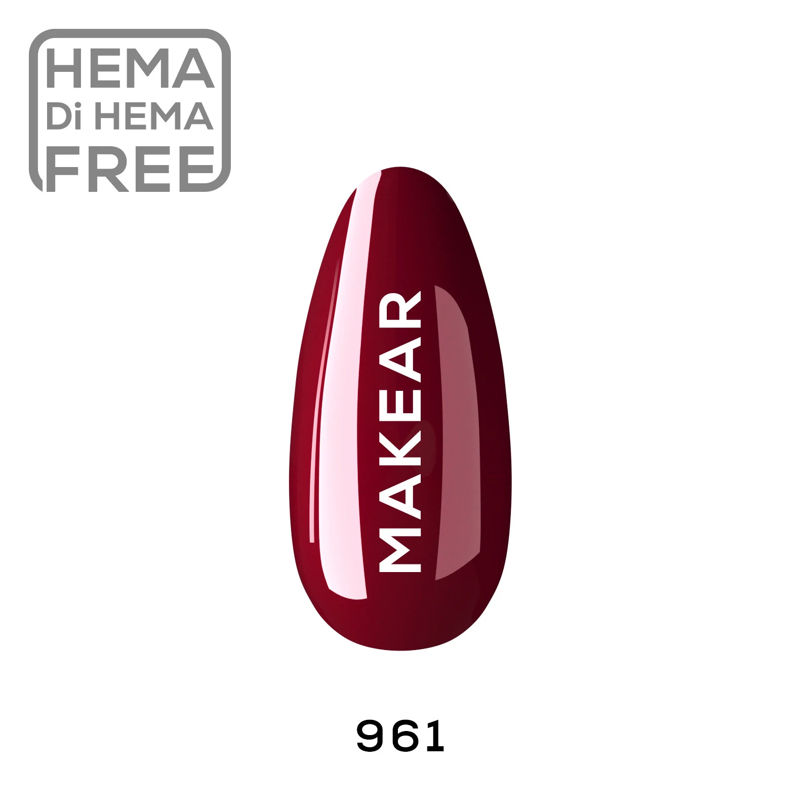 Makear lakier hybrydowy 961 - swatch malinowego wina na tipsie, HEMA free, 8 ml