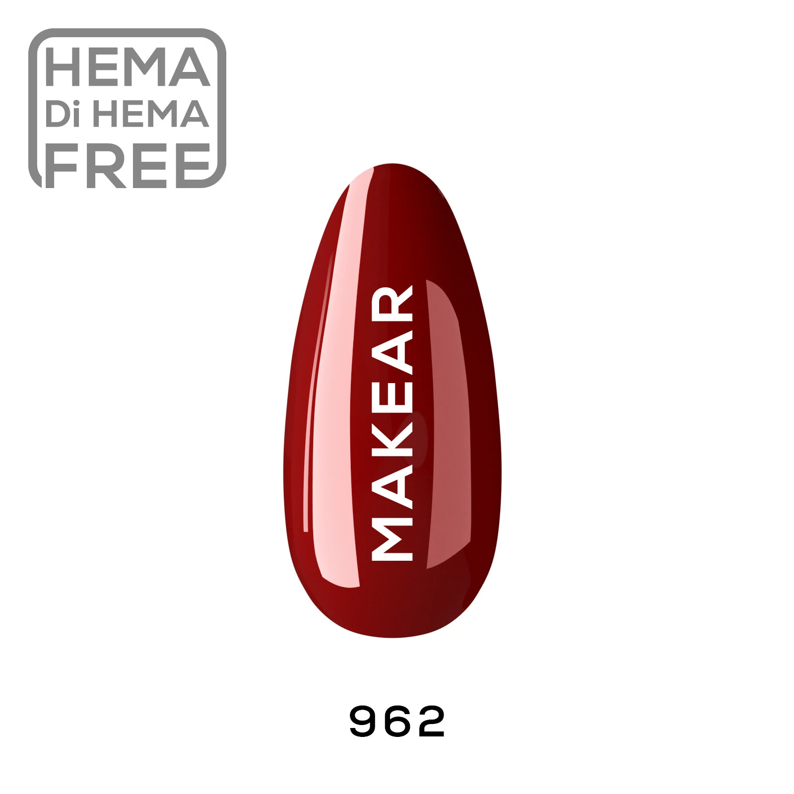 Makear lakier hybrydowy 962 - swatch klasycznej czerwieni na tipsie, HEMA free, 8 ml