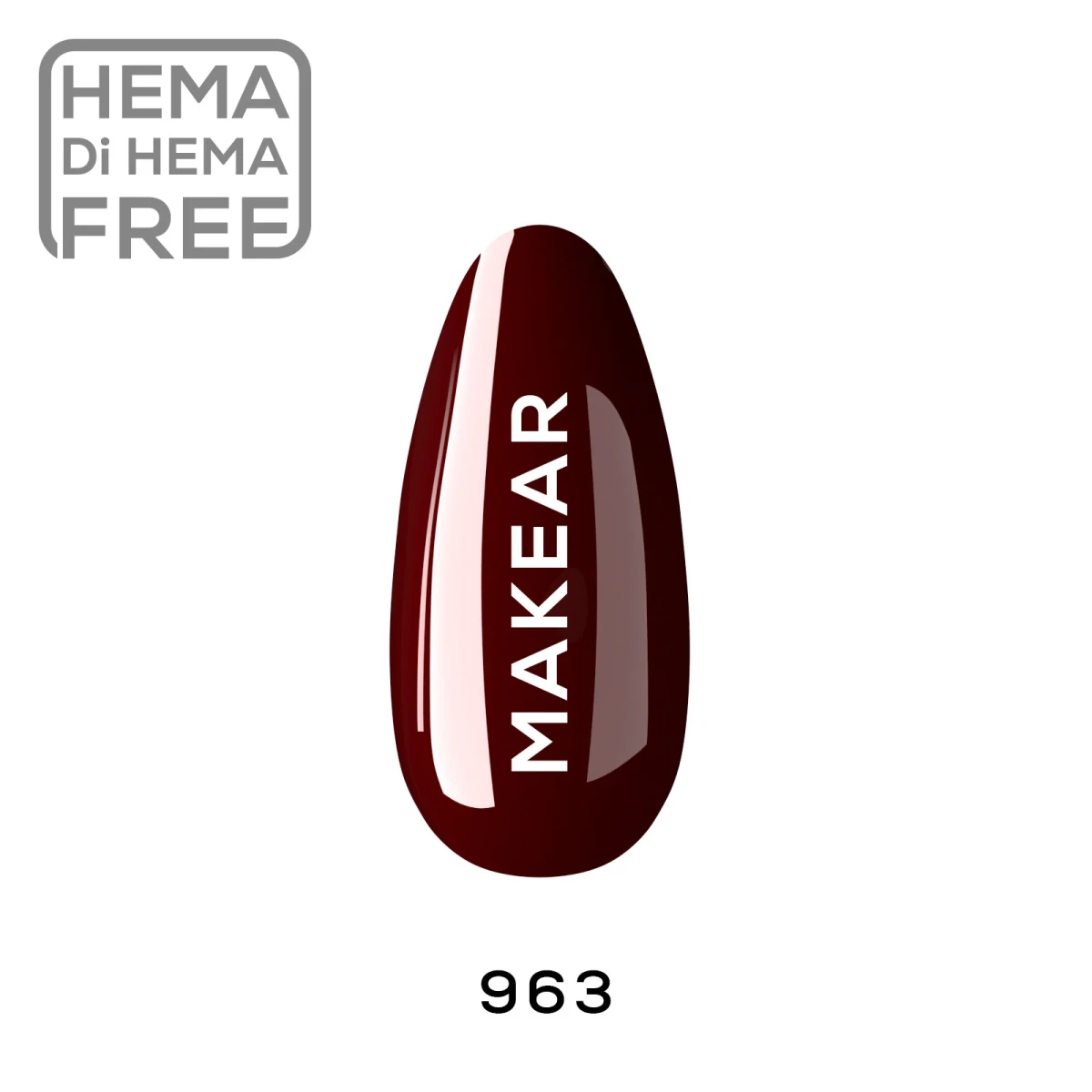Makear lakier hybrydowy 963 - swatch ciemnego bordo oxblood na tipsie, HEMA free, 8 ml