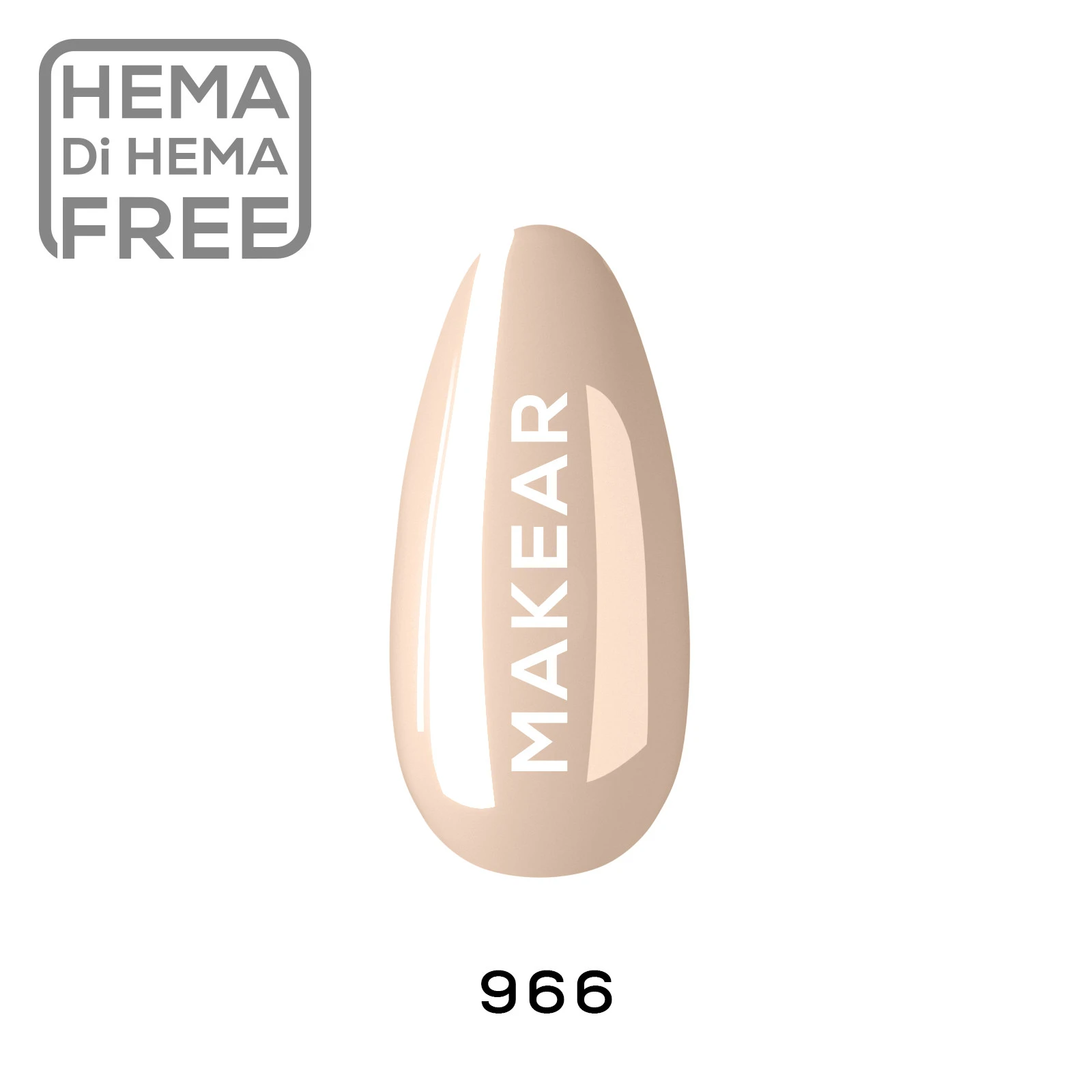 Makear lakier hybrydowy 966 - swatch jasnego nude beżu na tipsie, HEMA free, 8 ml