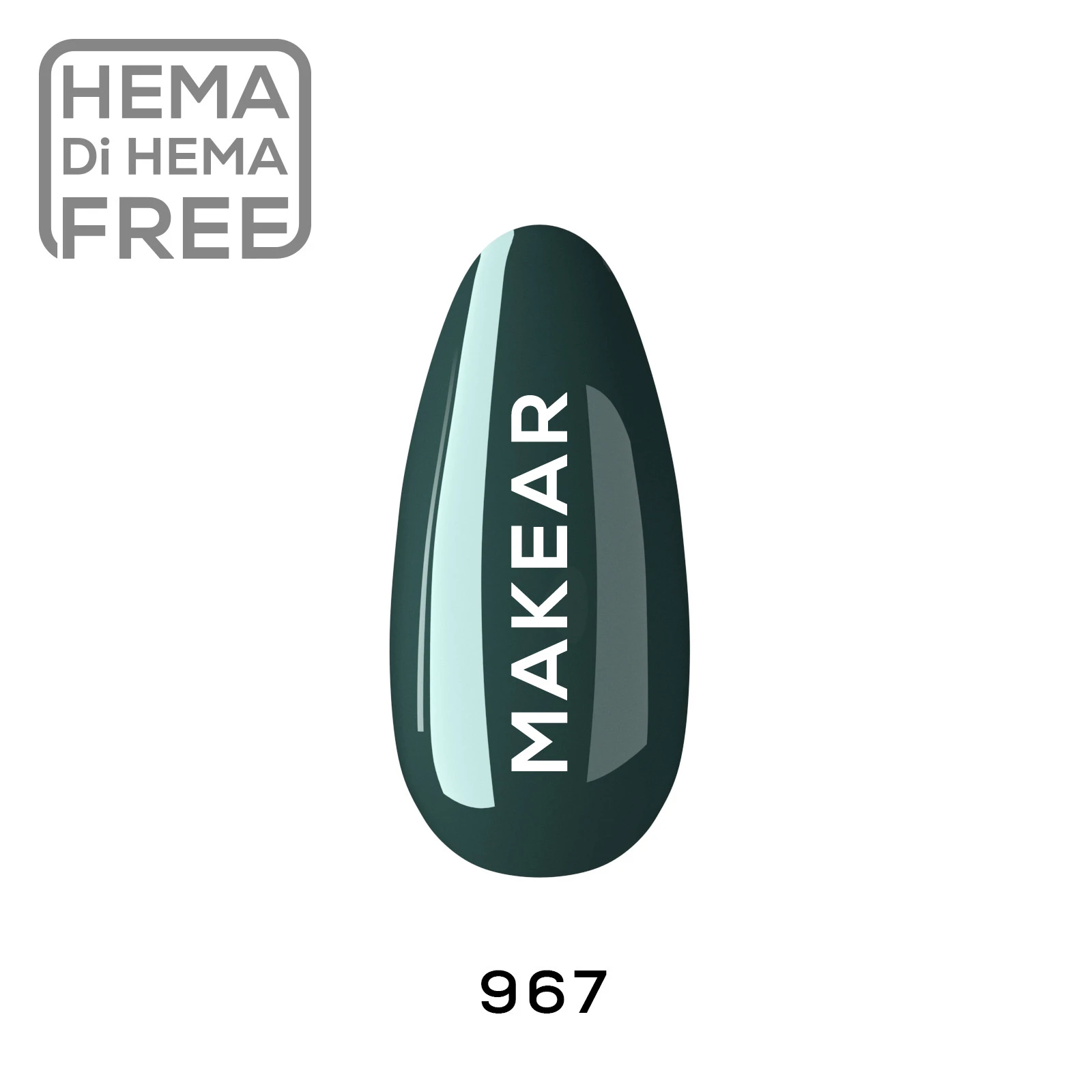 Makear lakier hybrydowy 967 - swatch butelkowej zieleni na tipsie, HEMA free, 8 ml